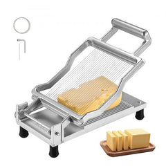Silver stainless steel cheese slicer with thin wires cutting yellow cheese block into slices.