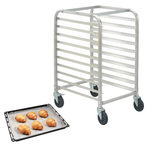 10-tier aluminum bun pan rack with brake wheels, 26x20.3x39 inches, holding sheet pans with croissants.