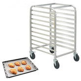 10-tier aluminum bun pan rack with brake wheels, 26x20.3x39 inches, holding sheet pans with croissants.