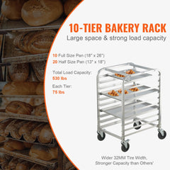 10-tier aluminum bun pan rack with brake wheels, measuring 26x20.3x39 inches.