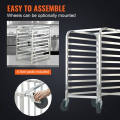 10-tier aluminum bun pan rack with brake wheels, 26x20.3x39 inches, showing assembly and optional mounting.