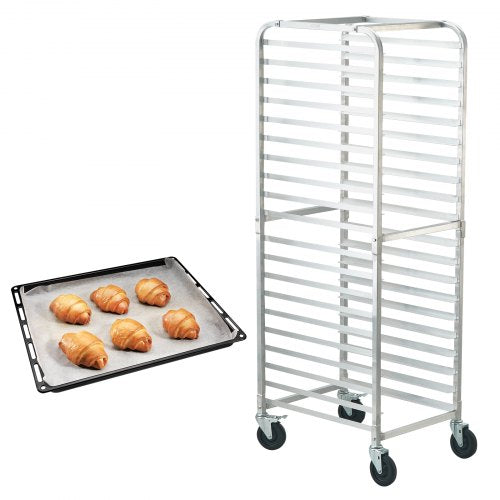 Aluminum 20-tier bun pan rack with wheels for easy mobility and storage in commercial kitchens.