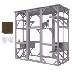 Large wooden 7-tier outdoor cat house with galvanized wire mesh and waterproof roof.