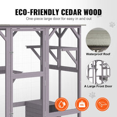 Large wooden 7-tier outdoor cat house with galvanized wire mesh and waterproof roof.