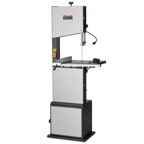 A 14-inch benchtop bandsaw with 1100W motor, tilting table, and LED light.
