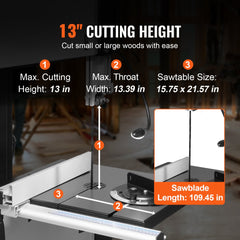 14-inch benchtop bandsaw with 13-inch cutting height, 13.39-inch throat depth, and 10.945-inch sawblade.
