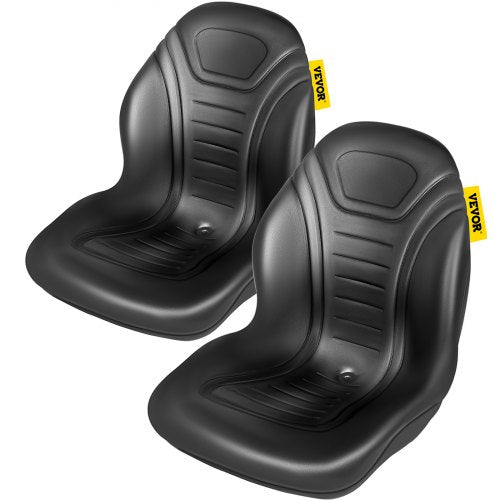 Black vinyl high back tractor seat with cushion, designed for comfort and support.
