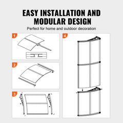 Infographic showing easy modular installation steps for a polycarbonate window door awning canopy.
