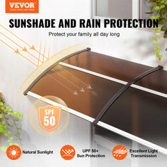 Brown 80x40 inch polycarbonate awning canopy for windows and doors with UPF 50+ sun protection.