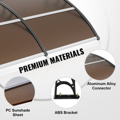 Brown 80x40 inch polycarbonate awning with aluminum frame and ABS brackets.