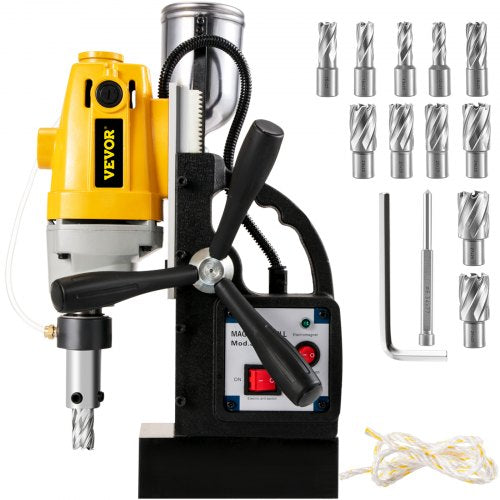 Magnetic drill press with 1100W motor, 1.57" boring capacity, and 12000N magnetic force.