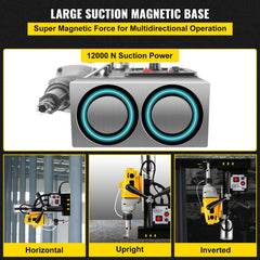 Magnetic drill press with 1100W motor, 1.57" boring capacity, and 12000N magnetic force.