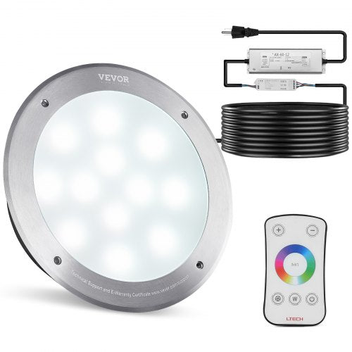 Silver 10-inch round RGBW LED pool light with remote control, power cord, and transformer.