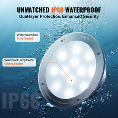 A Vevor IP68 waterproof LED pool light is submerged in bubbling water.