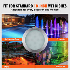 Bostome 12V LED Pool Light with 10-inch diameter, RGBW color changing features, and waterproof design.