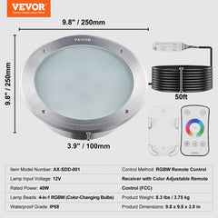 10-inch 12V 40W RGBW LED inground pool light with remote control and 50 ft cord.