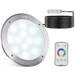 10-inch silver RGBW LED pool light with remote control and coiled black cord.