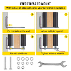 Step-by-step installation diagram for mounting Bostome 6-inch black nylon sliding gate rollers with L-bracket using brackets, bolts, nuts, and wrench.