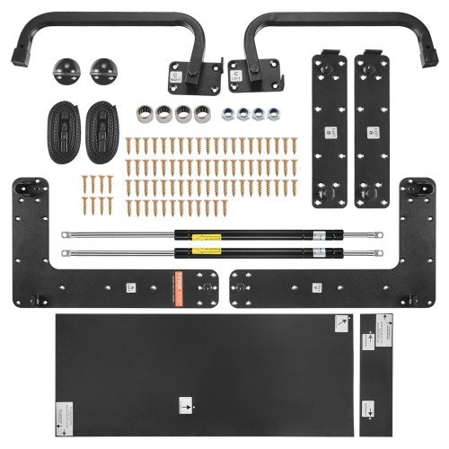 Full Murphy bed hardware kit with black metal frame, struts, brackets, and screws.