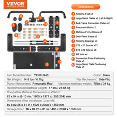 Diagram of Bostome Full Murphy Bed Hardware Kit components with labels.