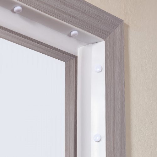 White TPE seal strip for garage door top and sides, shown installed in a gray frame.