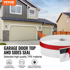 White TPE seal strip for garage door top and sides, shown as a 34-foot roll with house installation.