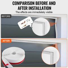 Before-and-after image of garage door with pests and gaps, sealed clean using white TPE strip.