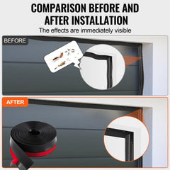 Side-by-side comparison of garage door before and after installing black TPE seal strip, showing sealed gaps.