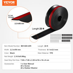 Black TPE garage door seal strip, 20 ft roll, 2.2 in wide by 0.1 in thick.