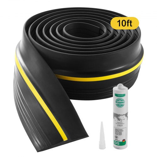 Black 10 ft PVC garage door threshold seal strip with yellow tip and included adhesive sealant.