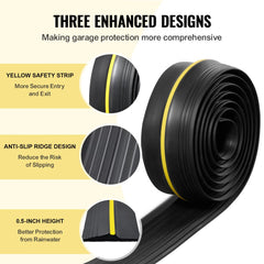 Black PVC garage door seal strip with yellow safety strip and anti-slip ridges, 10 feet long.