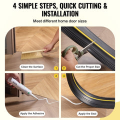 Infographic showing 4 steps to install a black PVC garage door threshold seal strip.