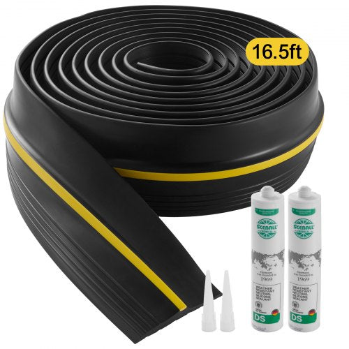 16.5 ft black PVC garage door threshold seal strip with yellow safety ridge and two tubes of adhesive sealant.