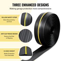 Black PVC garage door threshold seal strip, 16.5 ft long, with yellow safety strip and anti-slip ridges.