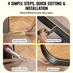 Infographic showing 4 steps to install a black PVC garage door threshold seal strip.