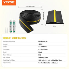 Black PVC garage door threshold seal strip, 16.5 ft long, 3.5 in wide, 0.5 in thick, with yellow safety ridge and adhesive.