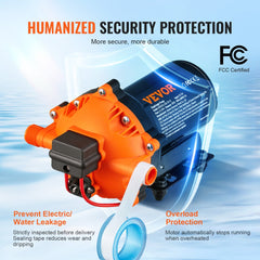 Bostome 12V diaphragm pump with 5.5 GPM flow rate and adjustable pressure switch.