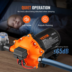 Bostome 12V water pressure diaphragm pump with 5.5 GPM flow and adjustable pressure switch.