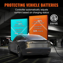 Portable EV charger with 32A 240V output, 25ft cable, and NEMA 14-50P plug connected to a car.