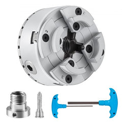 Silver 2.75-inch 4-jaw self-centering lathe chuck with reversible jaws and blue T-handle wrench.