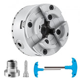 4-jaw lathe chuck with adjustable jaws and durable steel construction for metal turning tasks.