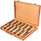 Bostome 12pc HSS wood lathe chisel set with ergonomic handles and wooden storage case.