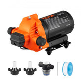 Orange and black Bostome 110V self-priming water diaphragm pump with accessories.