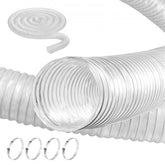 Clear 2.5-inch diameter PVC flexible dust collection hose, 20 feet long, with steel coils and four stainless clamps.