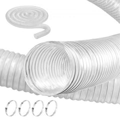 Clear 2.5-inch diameter PVC flexible dust collection hose, 20 feet long, with steel coils and four stainless clamps.