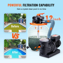 Bostome 1/2 HP sand filter pump with 12-inch filter and 3000 GPH flow rate for above ground pools.