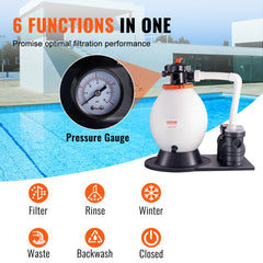 Bostome 1 HP sand filter pump with 16-inch filter and 3500 GPH flow for above-ground pools.