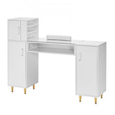 White manicure table with glass top, storage cabinets, shelves, and gold legs.