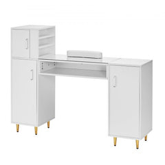 White manicure table with glass top, storage cabinets, shelves, and gold legs.