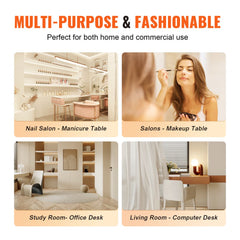 White glass top manicure table with storage cabinets, shown in salon, makeup, office, and living room settings.